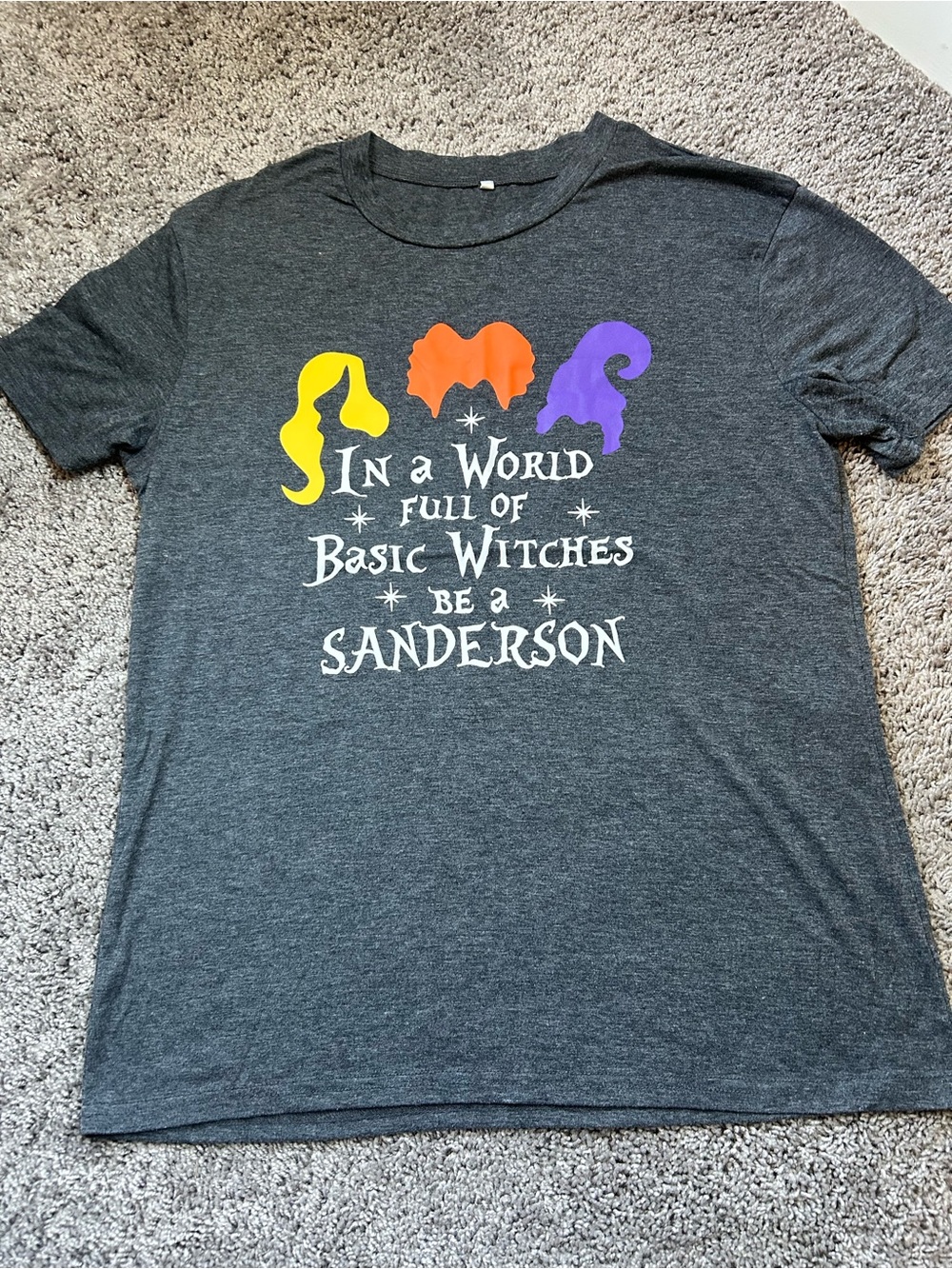 Sanderson Witch Graphic T-Shirt - Charcoal with Yellow Orange Purple Accents